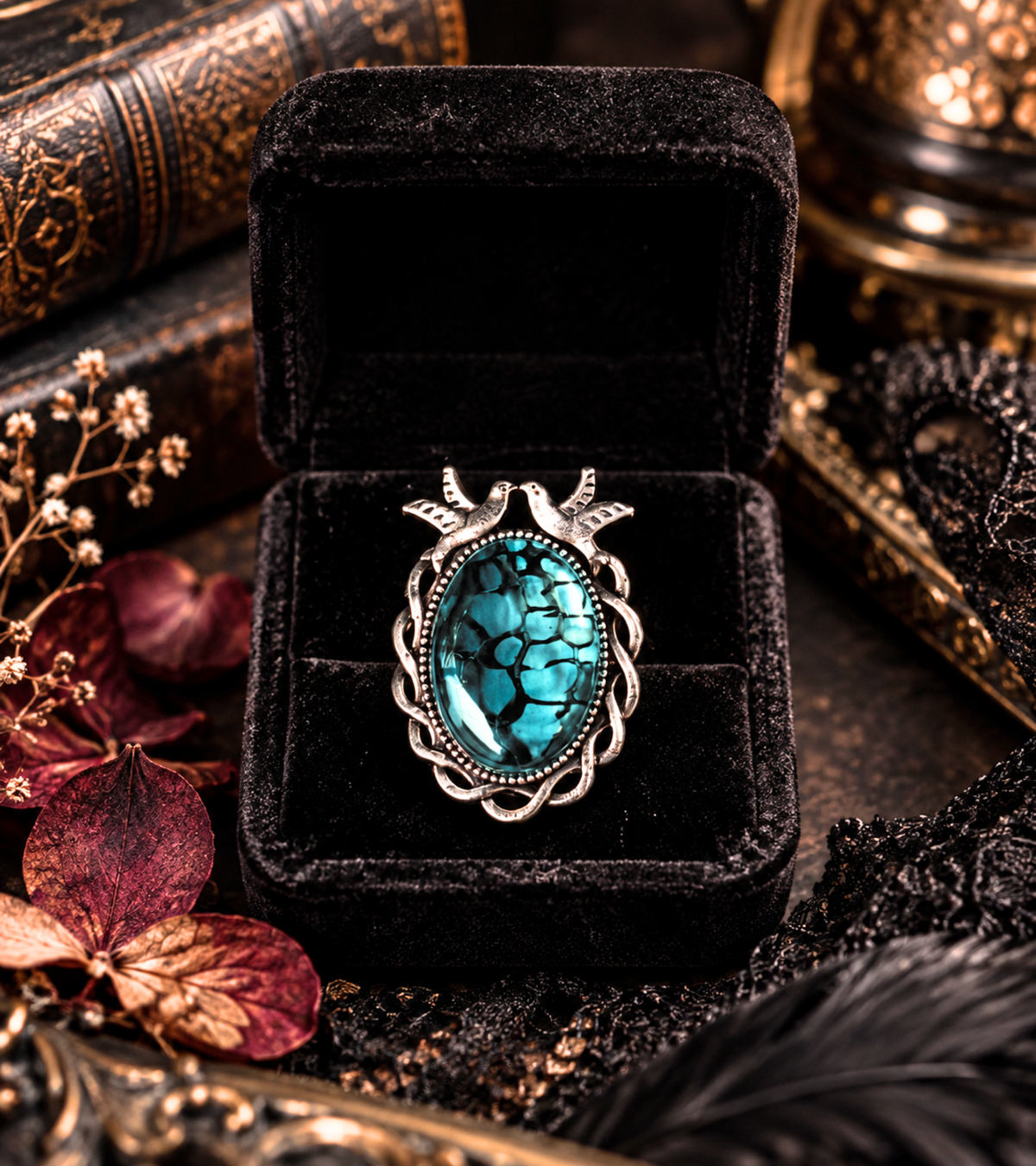 Dragons Vein Reliquary - Vintage-Style Dragon Vein Agate Adjustable Ring