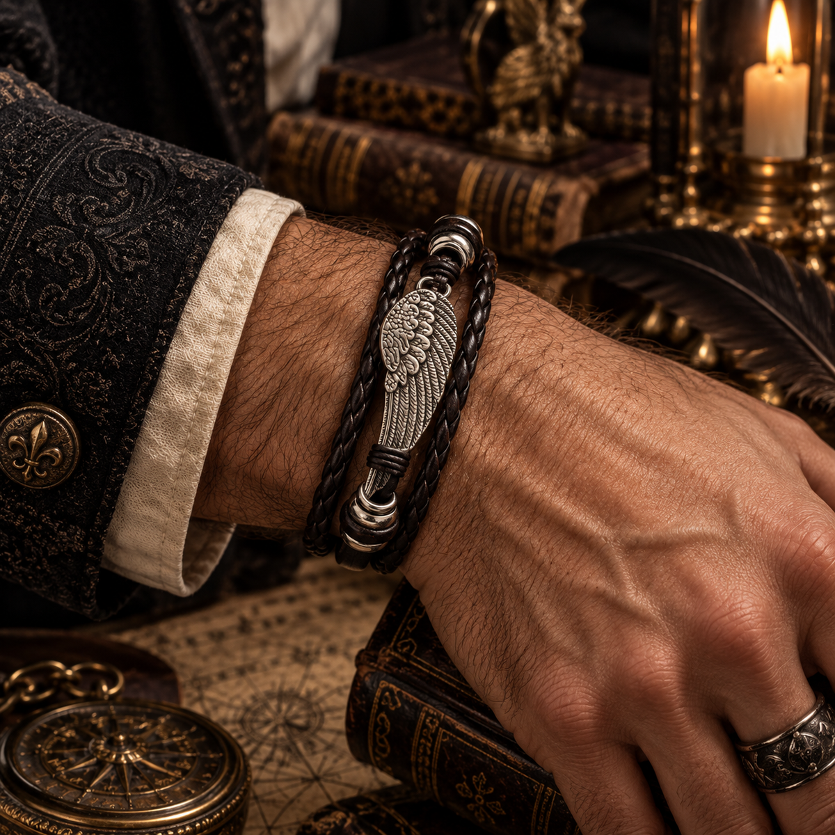 The Fallen Wing — Braided Leather Feather Bracelet
